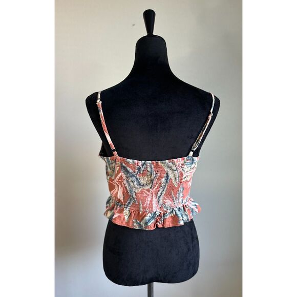 LOFT Women's Tropical Leaf Print Linen Blend Ruffle Button Front Cropped Top 6 - Picture 5 of 8